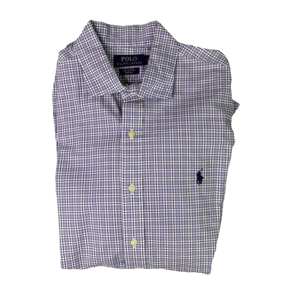 Polo Ralph Lauren Shirt Men's Large Purple Check 100% Cotton Stretch Classic Fit
